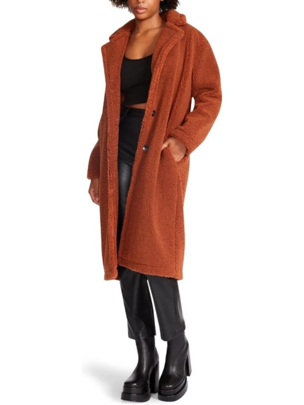 Women Mocha Bisque Polyester Knee Length Classic Button Closure Saide Coat